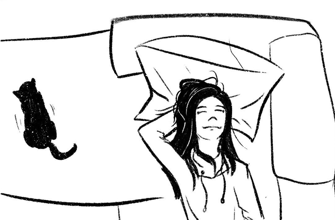 A sketch of Allie chillin on her couch with her cat